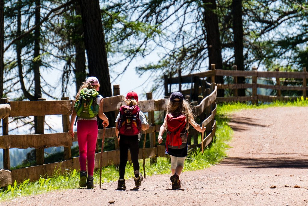 Na zdjęciu widoczna jest trójka dzieci z plecakami, idąca szlakiem.