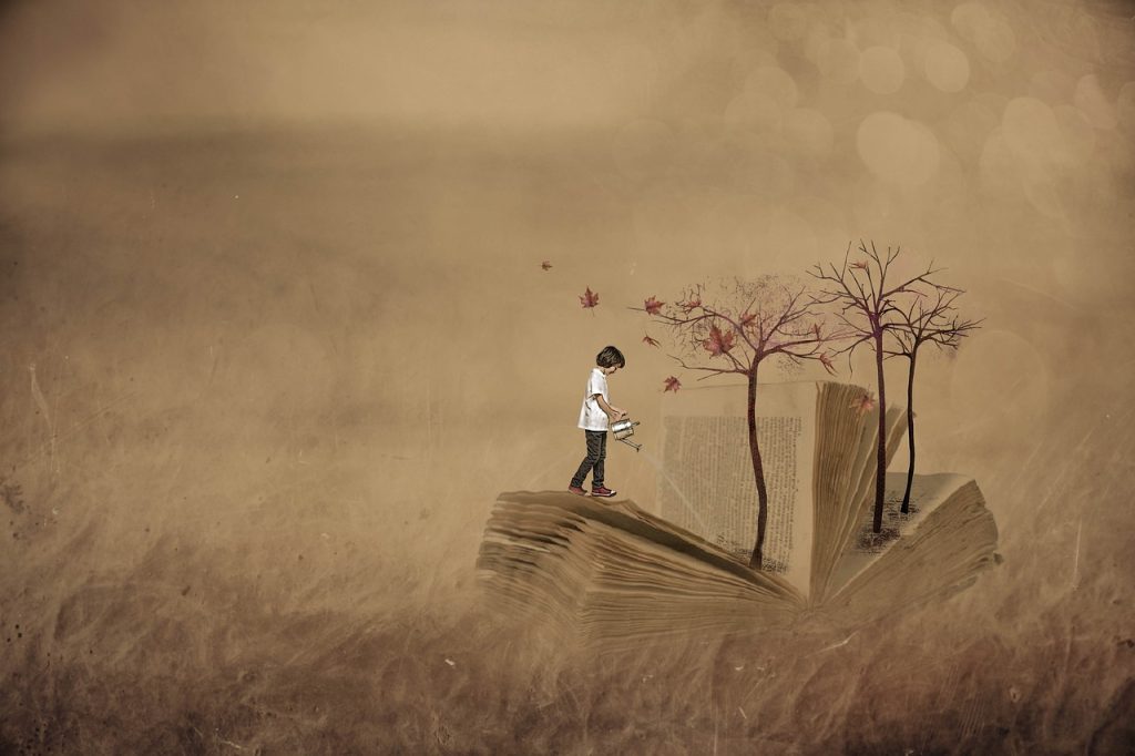 Książka, dziecko, drzewa