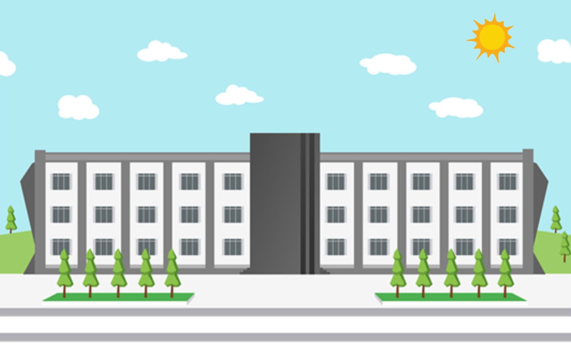 Obrazek przedstawia: budynek szkoły , na pierwszym planie są drzewa