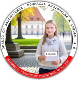 Grafika konferencji koło, w środku dziewczynka, w tle budynek i drzewa