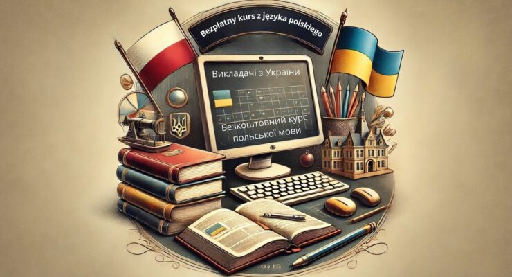 grafika AI, komputer, książki, flaga Polski i Ukrainy